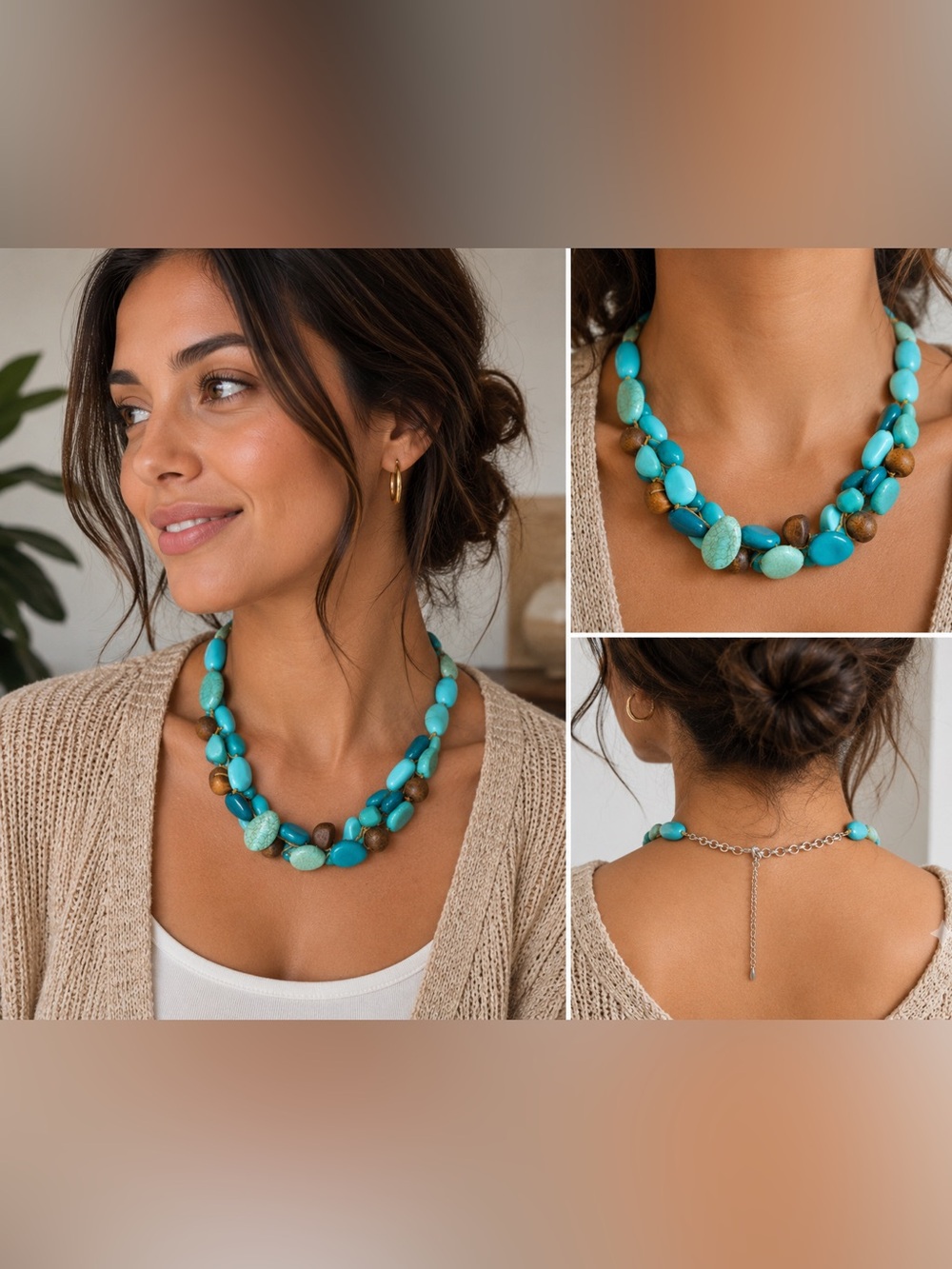 Boho Turquoise & Wood Bead Statement Necklace Adjustable 21" Beach Resort Style
